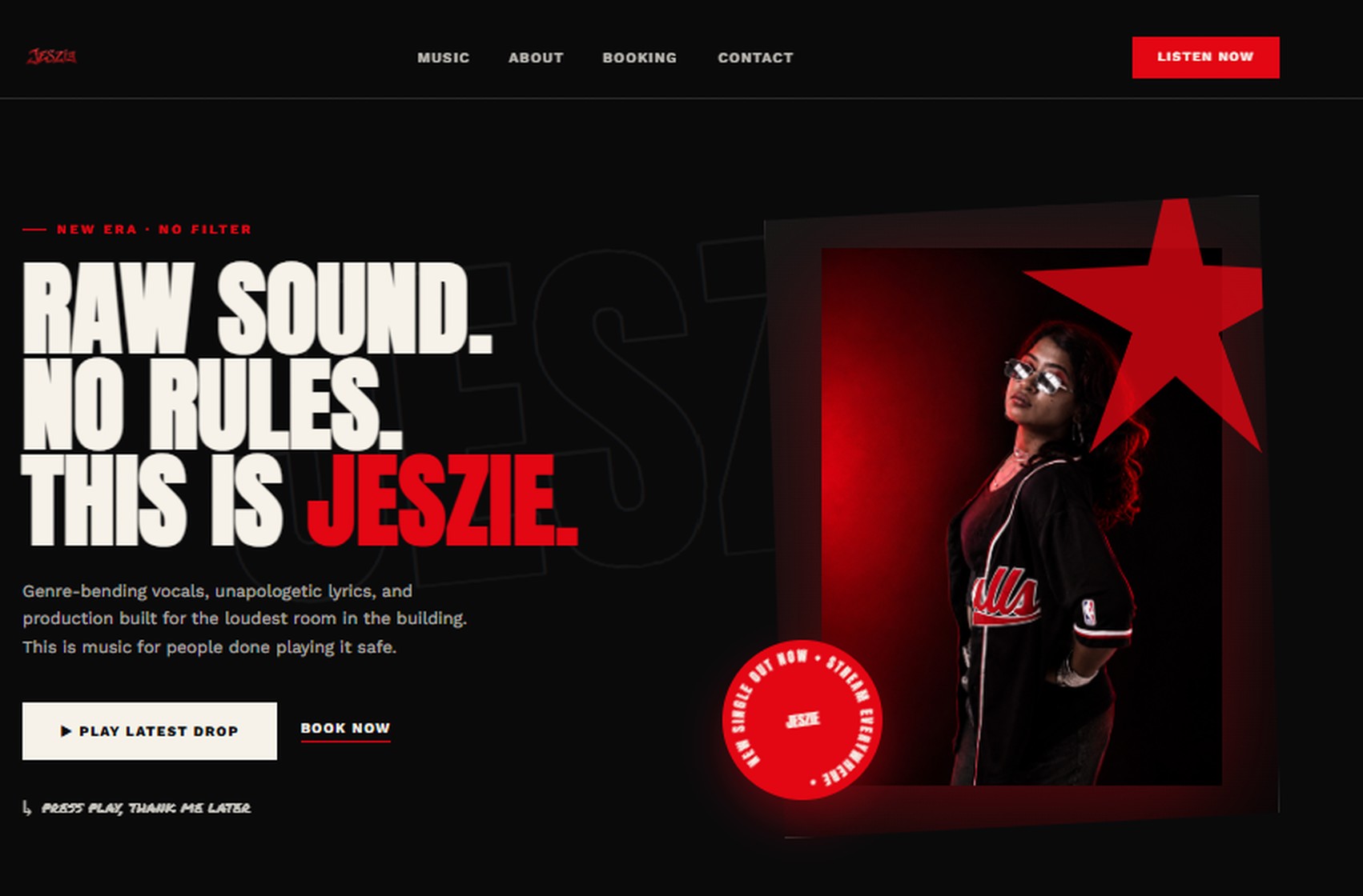 Jeszie website hero: 'Raw sound. No rules. This is Jeszie.' beside a portrait of the artist framed in red with a star